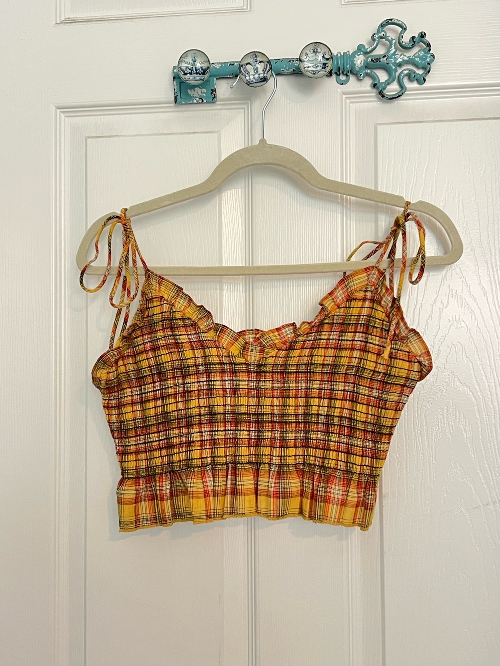 emory park Yellow Plaid Tie-Shoulder Smocked Crop Top